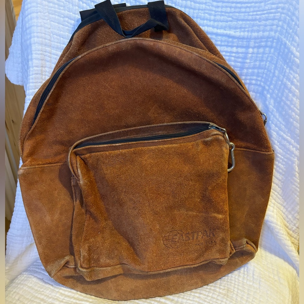Vintage Eastpak Made in USA brown suede backpack.